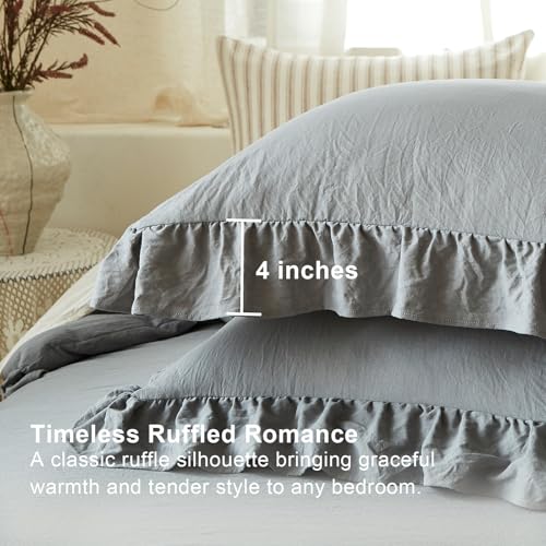 Image of Grey Ruffle Comforter Set Queen, Pre-Washed Shabby Chic Bedding Set, Lightweight Cottagecore Soft Romantic Cozy 1 Comforter & 2 Shams, All-Season