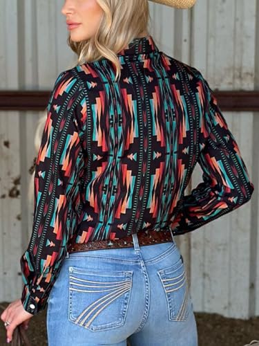 Women's Retro Aztec Shirt Western Cowgirl Pearl Snap Blouses Button Up Long Sleeve Ethnic Printed Top2