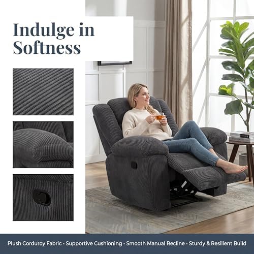 Image of Oversized Corduroy Recliner Chair, Manual Lazy Boy Recliner with Home Theater Seating, Breathable Living Room Reclining Chair for Adults Reading, Gaming, Relax, Dark Gray