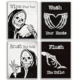 SUUURA-OO Gothic Wash Your Hands Decor, Toilet Wall Poster, Halloween Bathroom Decor Housewarming Gift Set of 4 (8”X10”), Skull Theme Bathroom Wall Art, No Frame