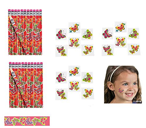 Adorable Butterfly Party Favors ~ 2 Dozen (24) Butterfly Pencils & 12 Dozen (144) Butterfly Temporary Tattoos - Goody Bags - Classroom Student Rewards ~ Peace Love Hippie Retro 60's
