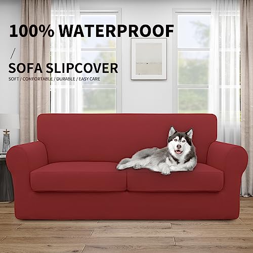 Image of Easy-Going Waterproof 3-Piece Oversized Loveseat Couch Covers for Sofa | 3-Piece Set Spandex Sofa Cover Slipcover Elastic Bottom Dog Pet Friendly Christmas Red