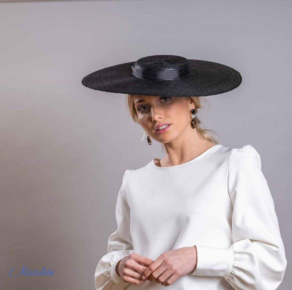 Masario Pamela Tocado de Paja Trenzada Modelo París. Color Natural. 43 cm de diámetro Aprox. 1 ud. (Negro, El diámetro Total es de 43 cm Aprox.)