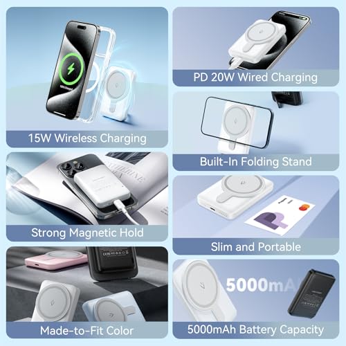Vention 5000 mAh Magnetic Wireless Power Bank, 20 W Fast Charging Portable Charger with USB-C & Wireless Charging, White LED Indicator, Compact for iPhone/Samsung/AirPods (White)
