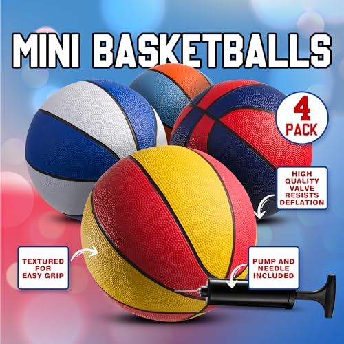 Rubber Mini Basketballs 7 Inch, Size 3 (Pack of 4) - Pool Basketball for Kids in Assorted Colors Indoor & Outdoor, Boys & Girls, for Small Hoops, Game Prizes, Arcade Games, with Pump4