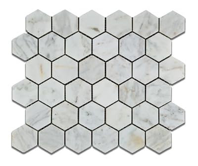 2" X 2" White Carrara (Carrera) Bianco Venatino Hexagon Marble Honed Mosaic Tiles