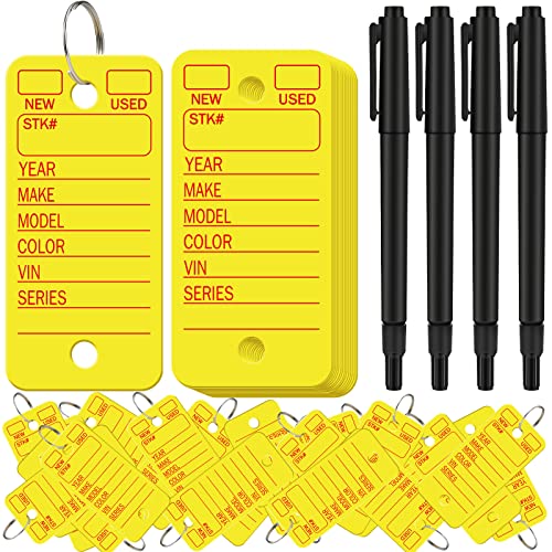 Gersoniel 500 Pcs Key Tags with Labels Car Dealership Key Tags with Rings Blank Shop Labels and 4 Pens for Office Car Shop Automotive Supplies(Yellow)