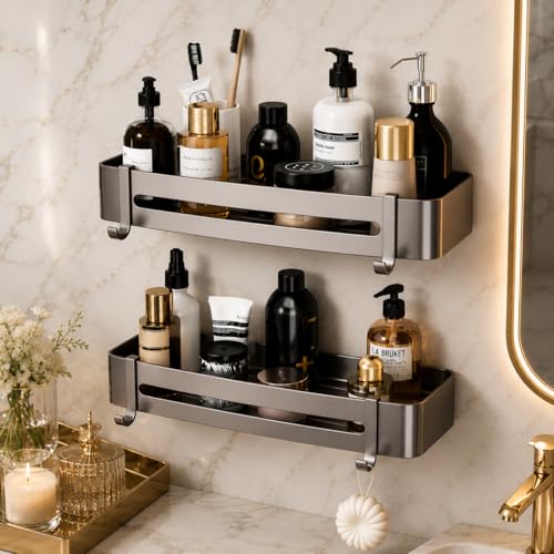 Image of Hallstatt Pack of 2 Aluminum Bathroom Shelf with Removable Hooks, Wall Mounted Bathroom Organizer Shelves Storage Rack Holder Stand for Bathroom Accessories Set with Drill Installation - Grey