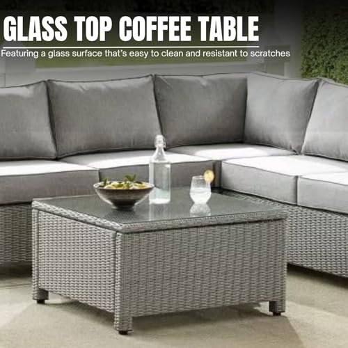 Image of DEVOKO 4 Pieces Patio Furniture Set, Outdoor Sectional Sofa HDPE Wicker Conversation Set Outside Couch with Table for Porch, Lawn, Garden, Backyard (Silver)