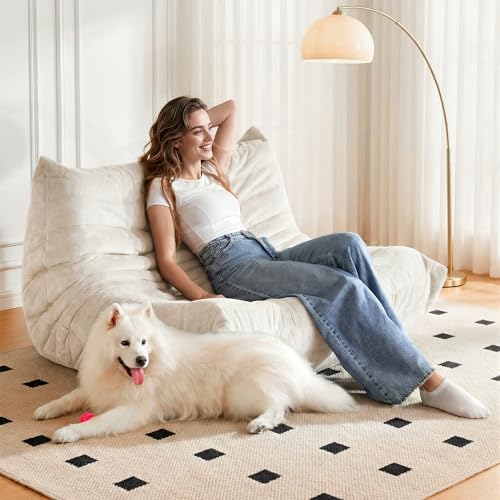 Image of Bean Bag Chair, 2 Seater Lazy Bean Bag Sofa Memory Foam Couch, Giant Bean Bag Chairs for Adults, Loveseat Fireside Chair for Living Room, Bedroom, Office(Beige)