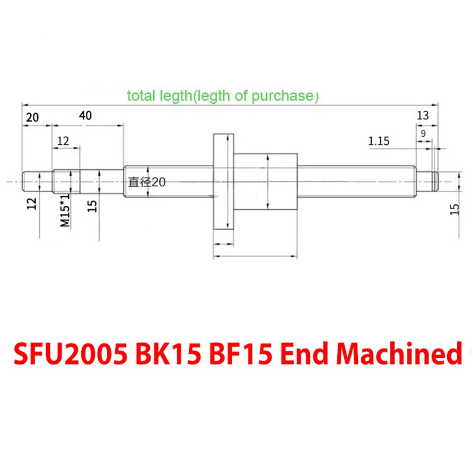 GTPBAO SFU2005 Kugelumlaufspindel mit Linksgewinde, 20 mm Durchmesser, 5 mm Steigung, BK15 BF15, endbearbeitet, Klasse C7, RM2005 Kugelumlaufspindel mit Mutter Bewegungsschiene(600mm)