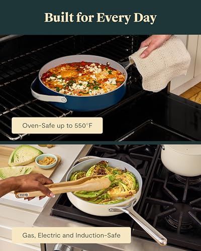 Image of Caraway Nonstick Ceramic Saute Pan with Lid (4.5 qt, 12 inch) - Non Toxic, PTFE & PFOA Free - Oven Safe & Compatible with All Stovetops (Gas, Electric & Induction) - Navy