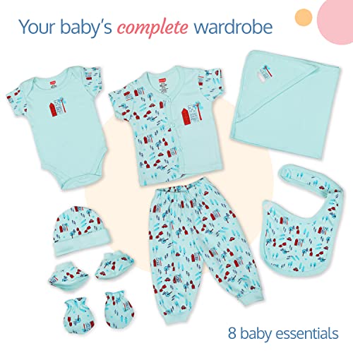 Image of LuvLap Newborn Baby Garment Gift Set, Pack of 8, Pastel Green All Over Print, Short-Sleeve Jhabla, Pyjama,Half-Sleeve Onesie, Cotton Bib, Cap, a Pair of Booties, a Pair of Mittens & 1 Hooded Towel