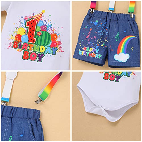 1St Birthday Outfit Boy Baby Short Sleeve Romper+Rainbow Suspenders+Denim Shorts+Birthday Hat 4Pcs First Watermelon Party Supplies One Year Old Gifts Cake Smash Photography Rainbow Melon-1St 1 Year #TOP4