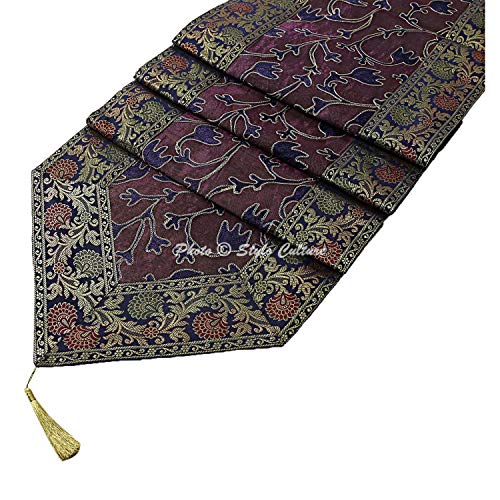 Image of Ari Zari Embroidery Table Runner for Dining Table 6 Seater 72 Inch Blue & Purple Rajasthani Indian Satin Traditional Long Runner Up with Tassels Coffee Tablecloth