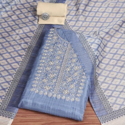 Image of BIBA Women Beige Cotton Machine Embroidered Unstitched Suit Set