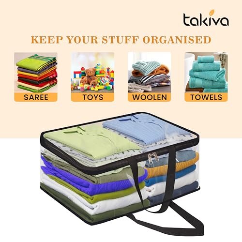 Image of TAKIVA Transparent Multipurpose Storage Bag | Saree Cover Bag with Zip for Storing Clothes, Suits, Undergarments, wedding packing | Wardrobe organising (Large, Pack of 4)