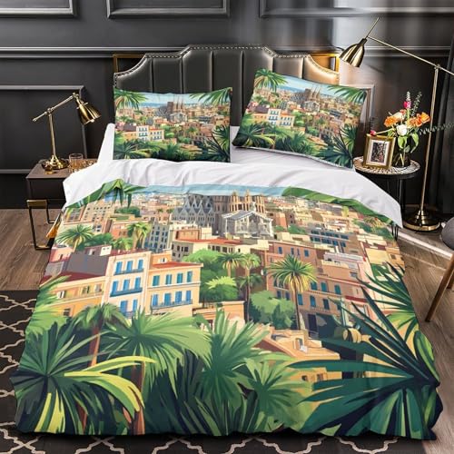 Horizonte de Barcelona 3D Impresión Edredón funda 3pz Microfibra fácil cuidado Ilustración artística de paisaje urbano Funda de edredón 2 fundas cremallera Niños Adolescentes King（220x240cm）