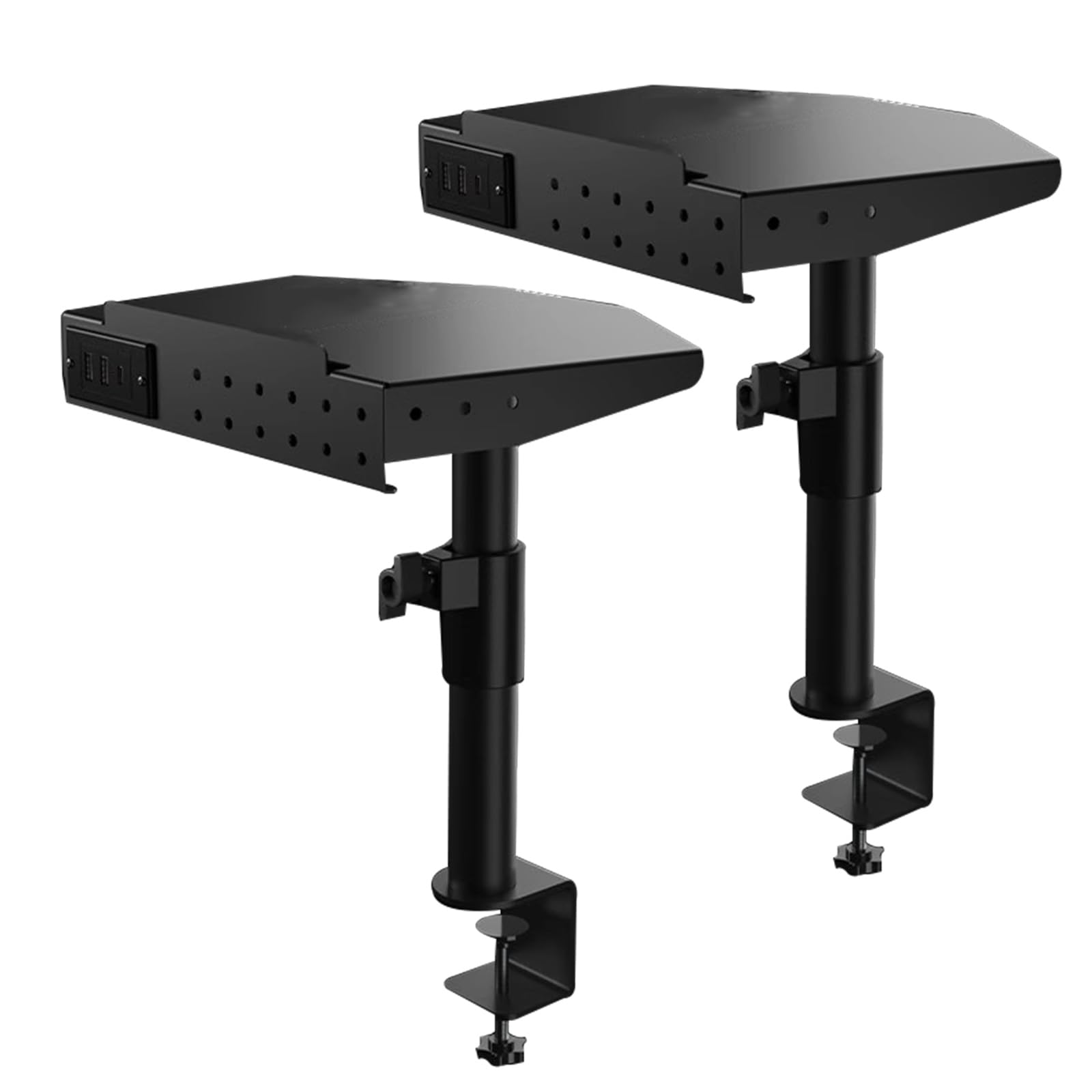 Stojak głośnikowy na biurko, zestaw 2 stojaków głośnikowych, z interfejsem USB/TYPE-C, metalowa taca 323 x 232 mm, wysokość 240-350 mm, nośność 15 kg, do studia
