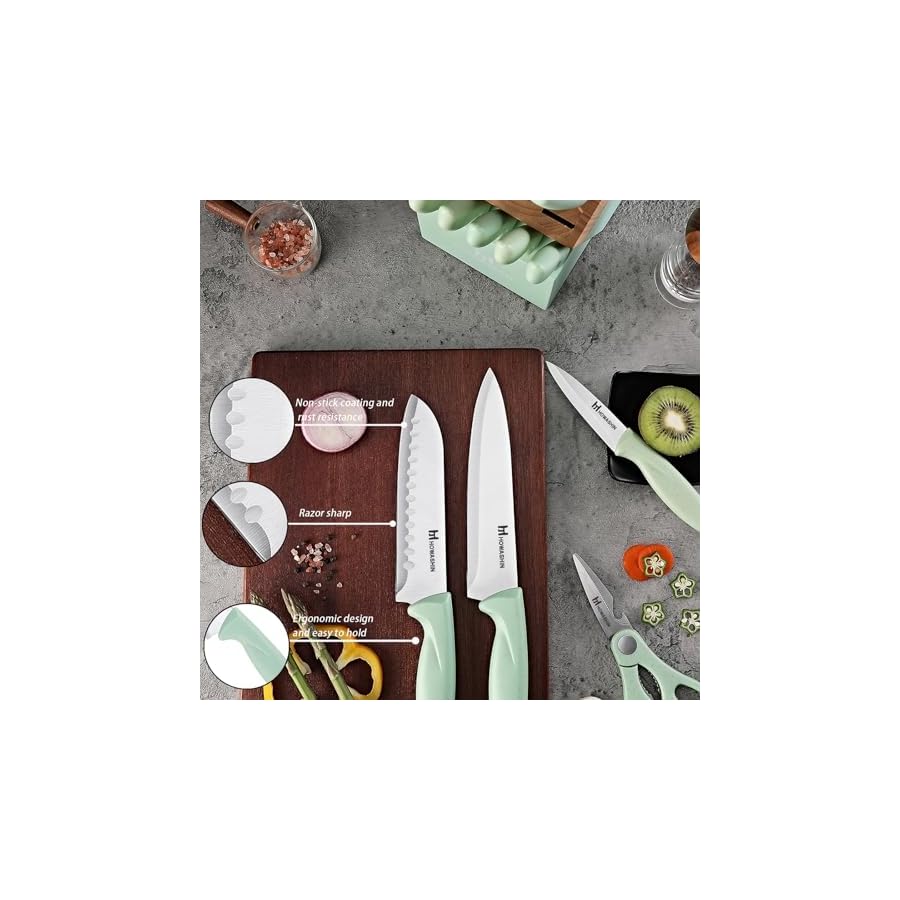 Knife Set With Block,Howashin14 Pieces Kitchen Knives Set With Block,High Carbon German Stainless Steel Knife Set With Sharpener Rod,Scissor and Peeler as A Gift,Green Knife Block Set
