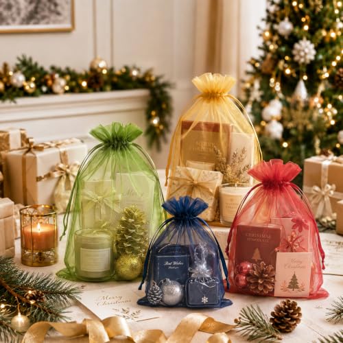 Image of FUNFERY 100PCS Navy Blue Organza Gift Bags 5x7in,Drawstring Jewelry Pouch