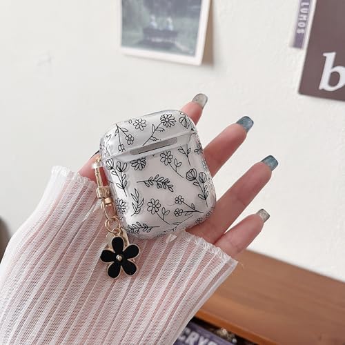 Image of MINSCOSE Compatible with AirPod 1&2 Clear Case,Cute Flower Floral Aesthetic Design with Flowers Keychain, Soft TPU Protective Shockproof Case for Women Girl for Airpod 1&2-Black