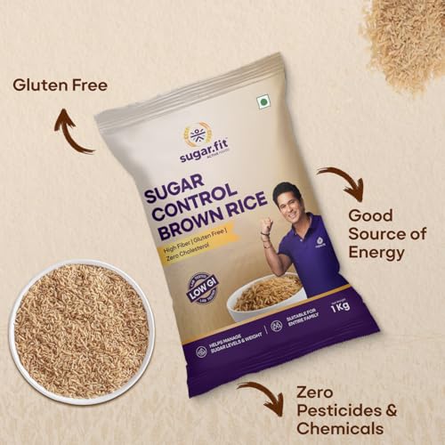 Image of Sugar.fit Sugar Control Low GI Brown Rice, High Fiber & Gluten-Free, 100% Organic and Natural, Lab-Tested, Diabetes-Friendly Rice for Weight Management and Balanced Blood Sugar - 1 Kg (Pack of 1)