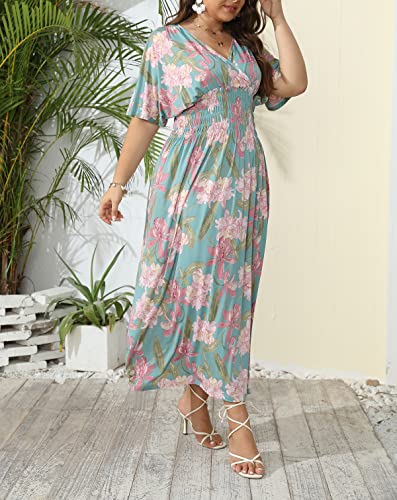 Image of OSTOO Women's Plus Size Hawaii Empire Waist Bat Short Sleeve Casual Floral Print Boho Maxi Dress
