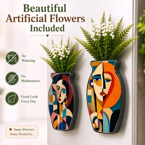 Image of Regalo Casila Abstract Woman Face Art Magnetic Artificial Flower Vase Fridge Magnets Set of 2 Colorful Geometric Modern Refrigerator Kitchen Home Office Decor Gift