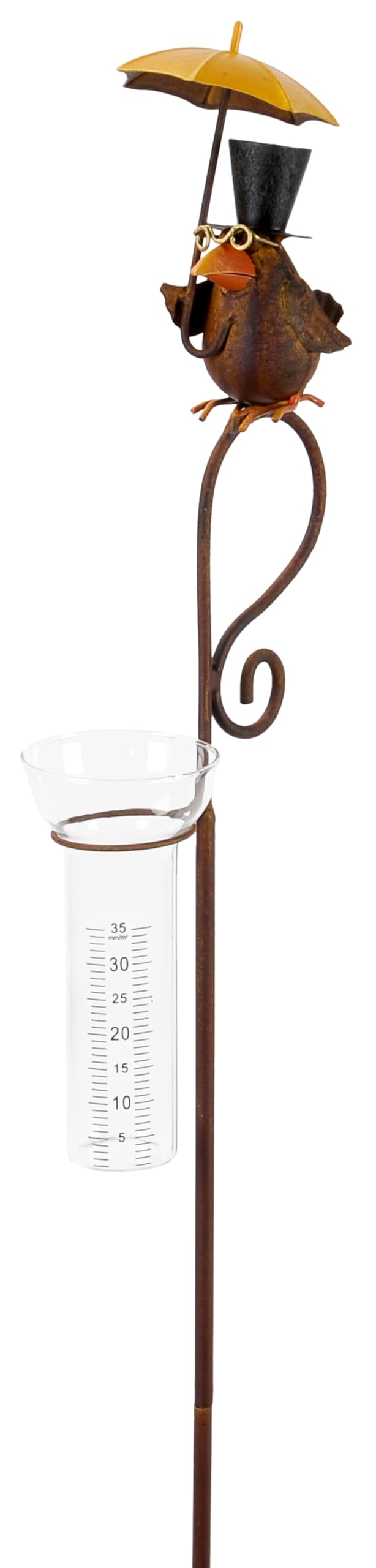 Regenmesser Gartenstecker Rabe mit Regenschirm H:115 cm aus Eisen - Deko Niederschlagsmesser Vogel Garten, Gartenteich, Gartendeko, Metalldeko
