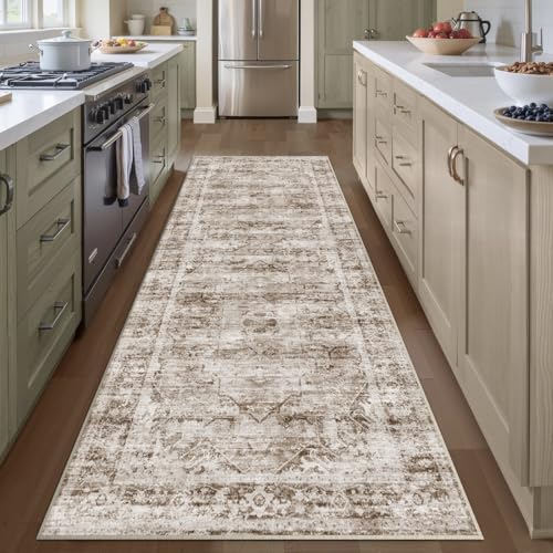 Heifgott Runner Rug 2.6''x8' Non Slip Machine Washable Vintage Hallway Runner Rug, Low Pile Lightweight Rugs for Entryway, Hallway, Kitchen and Corridor(Brown)