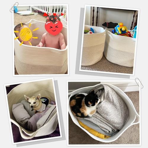 INDRESSME XXXLarge Cotton Rope Basket 21.7" x 21.7" x 13.8" Woven Baby Laundry Basket for Blankets Toys Storage Baskets with Handle Comforter Cushions Storage Bins Thread Laundry Hamper-Black Stitch - Thumbnail 4