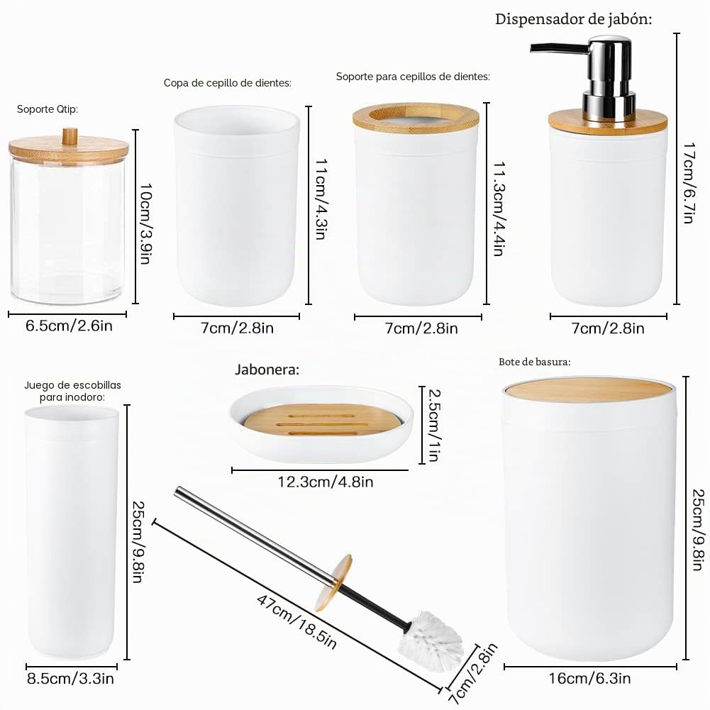 JOTOM Juego de accesorios de baño de bambú de 7 piezas de accesorios de baño de plástico de lujo, dispensador de jabón, juego de baño de regalo (blanco)