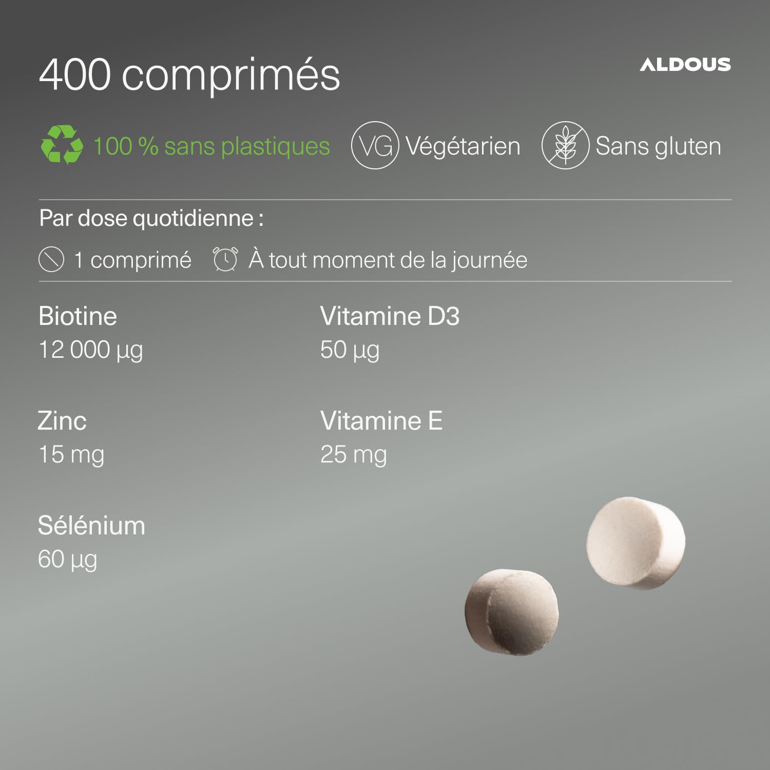 Biotine 12 000 mcg - 400 Comprimés - Zinc, Sélénium, Vitamine D3 et Vitamine E - Biotine Cheveux, Peau et Ongles - Biotine Cheveux Pousse Rapide - Complément Alimentaire Pousse Cheveux - ALDOUS
