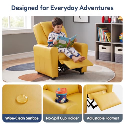 Image of 23 inch W PU Leather Recliner Chair with Cup Holder and Recline, Yellow | Mini Recliner Chair Comfort with Adjustable Footrest & Backrest, Youth Boys Girls Recliner for Reading, Gaming, TV, Lounging