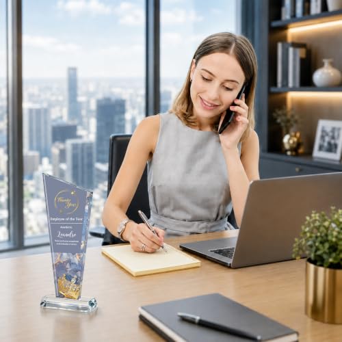 Image of Custom Crystal Trophy Award Personalized Plaque Award with Text Logo Photo Awards Trophies for Employee Recognition Team Graduation Personalized Office Gifts for Boss Coworker Teacher