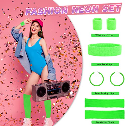 Beamely 80s Headband and Wristband Leg Warmers Party Set for Women and Girls 1980s Neon Fancy Dress Costumes Accessories with Earrings Sport Kit for 80s Retro Them Party Supplies Gym Sport(Green) - Image 4