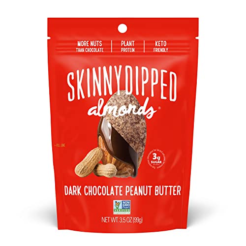 SkinnyDipped Dark Chocolate Peanut Butter Almonds, Healthy Snack, Plant Protein, Gluten Free, 3.5 oz Resealable Bags, (Pack of 5)