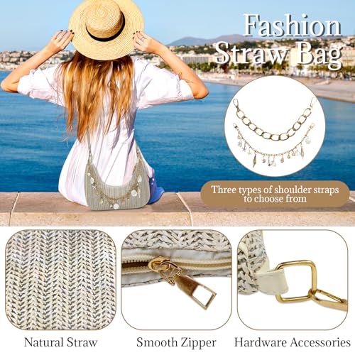 Image of Beach Purse Straw Shoulder Bag for Women, Summer Purse with Shell Pearl Bag Charms & 2Pcs Detachable Strap Chain