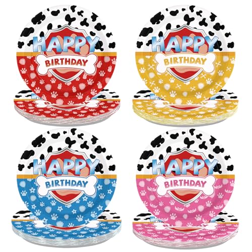 60 Pcs Dog Paw Happy Birthday Paper Plates - 9 Heavy Duty Cartoon Dog Paw Dessert Cake Paper Plates Disposable Cartoon Birthday Platters for Boys Girls Birthday Story Party Decorations