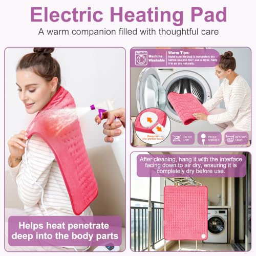 Image of Heating Pad,Electric Heating Pads,Heating Pad for Back,Fuchsia,24x20 Inch | Heating Pads for Shoulder,Neck,Abdomen,Knee,Arms,Legs,Heat Pad for Birthday Father Mother Gift Women Men,6 Heat Settings
