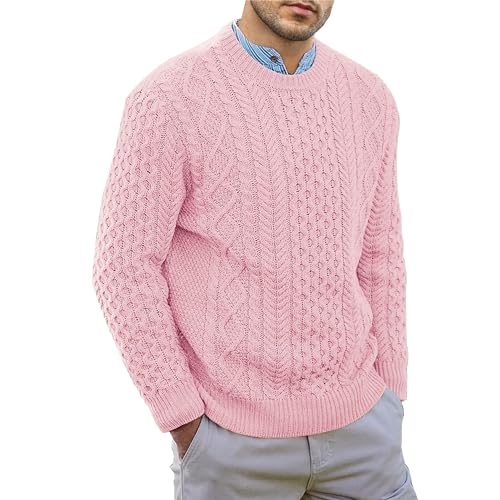 JEShifangjiusu Men'S Crewneck Knit Sweater Slim Fit Lightweight Casual Pullover Solid Twist Patterned Cable Knitted Pullover