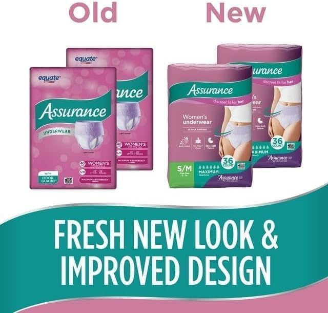 Assurance Incontinence Underwear for Women 36 Pack of 2 -, Maximum, S/M, (Total 72Ct)