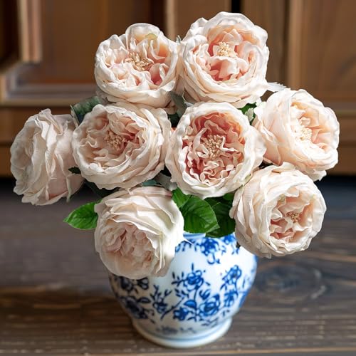 YILIUFA 4 Pcs Real Touch Peonies Artificial Flowers 3.5 Big Bloom Austin Rose Peony Latex Fake Flower with Stems for Wedding Bouquet Party Valentines Arrangement Home Kitchen (Champagne)