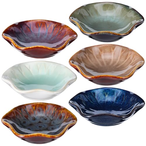 TOYANDONA 6pcs Japanese Ceramic Sauce Bowls Set, Multipurpose Small Serving Dishes for Dipping, Appetizer and Snack Plates with Assorted Kiln-Change Colors for Asian Cuisine