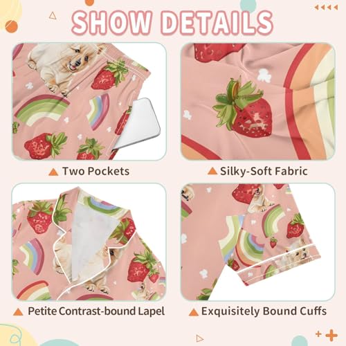 senya Strawberry Puppy Rainbow Satin Summer Pajama Sets Silk Short Sleeve Button Down Sleepwear3