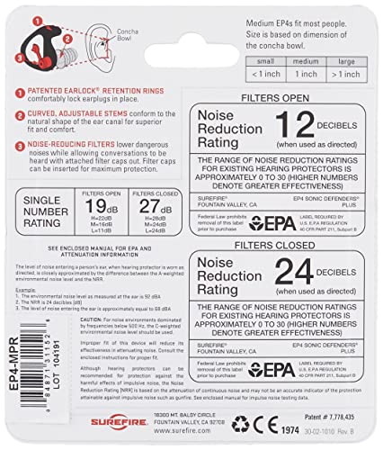 Surefire Ep4 Sonic Defenders Plus Filtered Earplugs, Triple Flanged Design, Reusable, Clear, Medium #TOP1