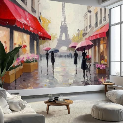 Papier peint photo rues parisiennes intissé 350x256cm rouge décoration murale salon