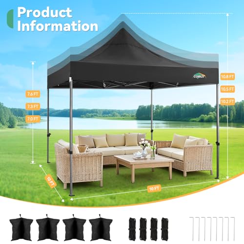 Image of COBIZI 10x10 Heavy Duty Pop Up Canopy Tent with 4 Sidewalls, Black