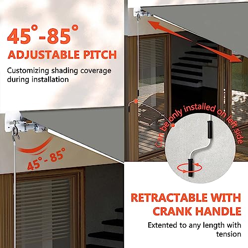 MUPATER 13\' x 8\' Retractable Patio Awning Sun Shade Cover with Manual Crank, Outdoor Shelter for Windows, Projection for Deck, Yard, Balcony, Grey - Thumbnail 4